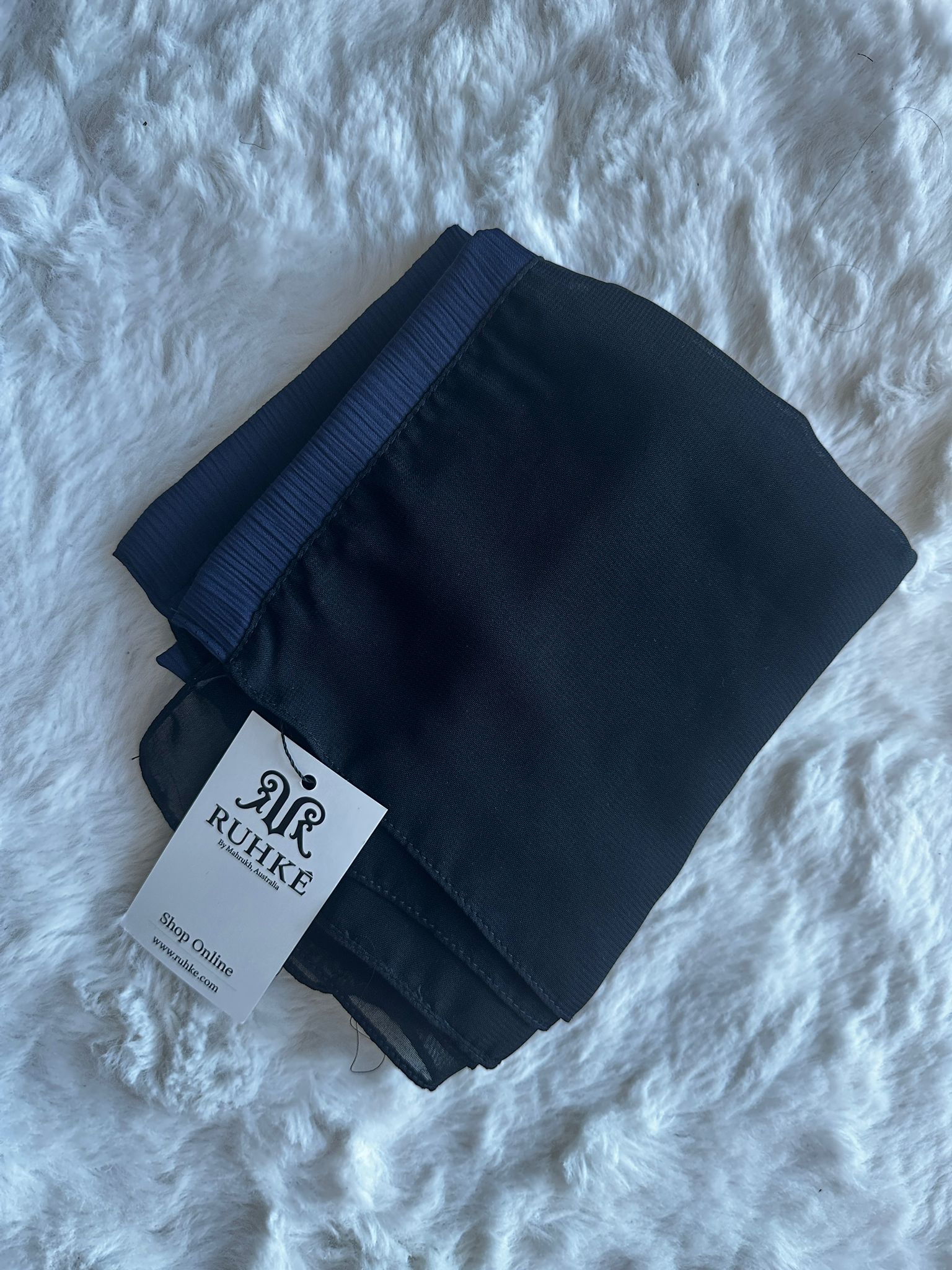 High-end royal navy silk abaya with delicate dori work and hand-applied stones hijab