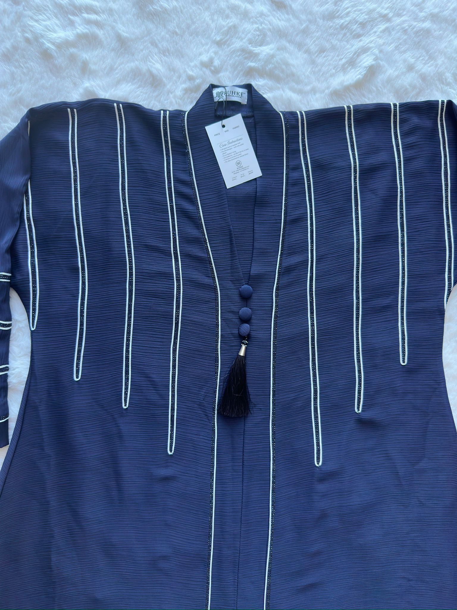 Elegant royal navy textured silk abaya with intricate dori and stone embellishment – RUHKÉ Australia zoomed work