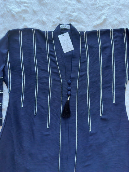 Elegant royal navy textured silk abaya with intricate dori and stone embellishment – RUHKÉ Australia zoomed work