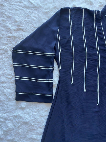 Royal navy designer abaya in textured silk with refined flared cut and stone detailing