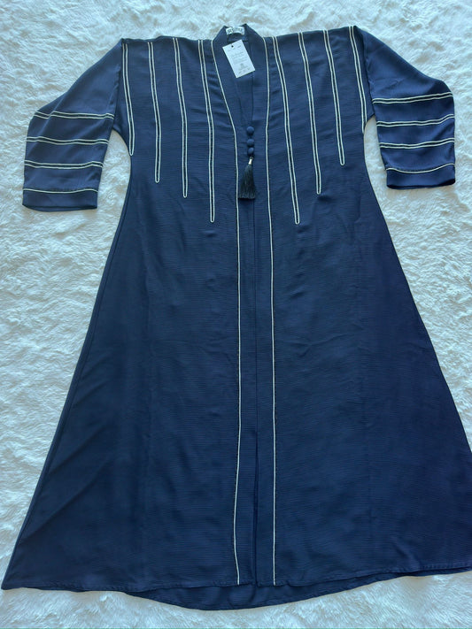 Designer royal navy silk abaya featuring flared silhouette with handcrafted dori and stone detailing flat lay