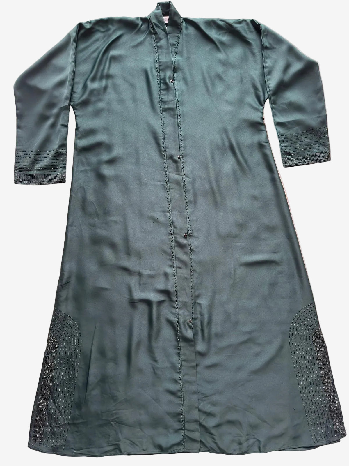 Elegant front open abaya featuring reverse U stone design and refined embellishment, luxury modest wear RUHKÉ