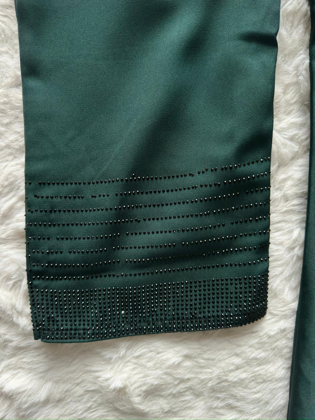 Premium nida fabric front open abaya with reverse U stone detailing, sophisticated modest fashion