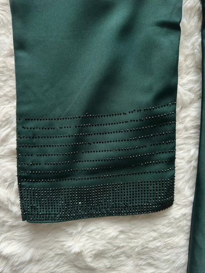 Premium nida fabric front open abaya with reverse U stone detailing, sophisticated modest fashion