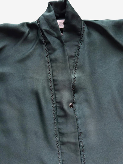 Elegant front open abaya featuring reverse U stone design and refined embellishment, luxury modest wear RUHKÉ