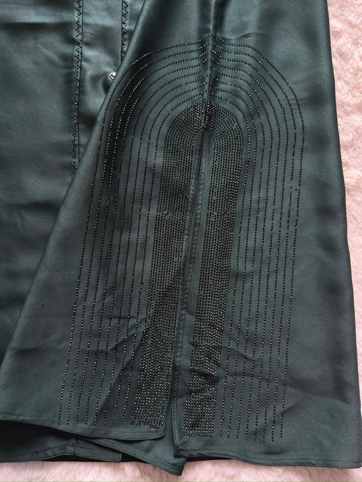 Luxury modest front open abaya with delicate stone work and reverse U embroidery detail