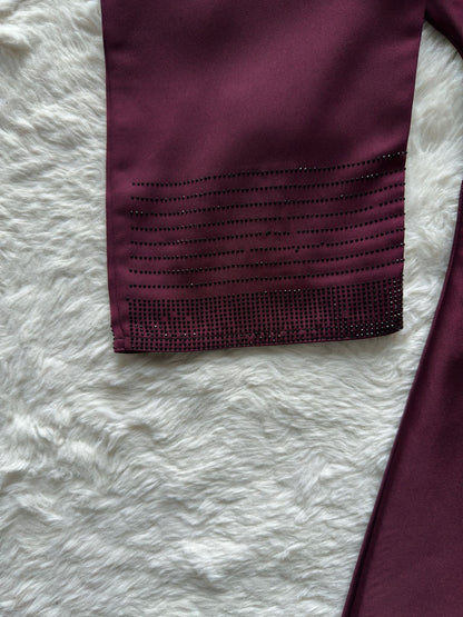 Designer abaya with intricate reverse U stone detailing and refined chest embellishment