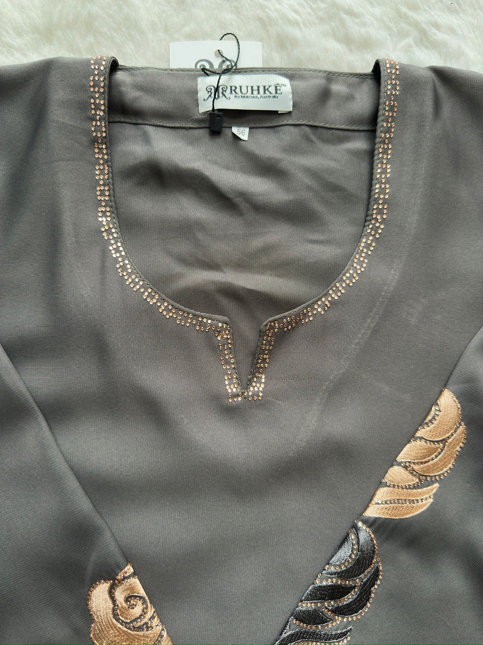 Premium nida fabric grey abaya with coordinated hijab and refined stone detailing