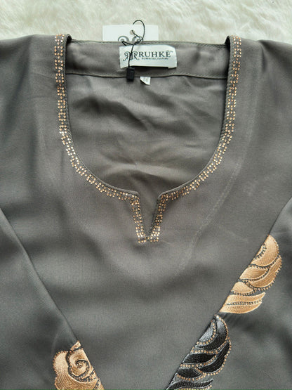 Premium nida fabric grey abaya with coordinated hijab and refined stone detailing