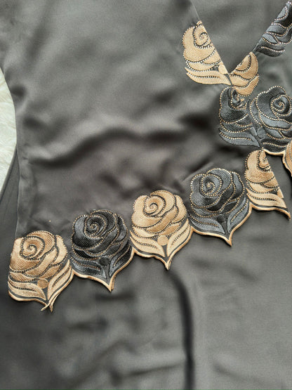 High-end grey abaya with thread and stone work and delicate cut-work sleeve design