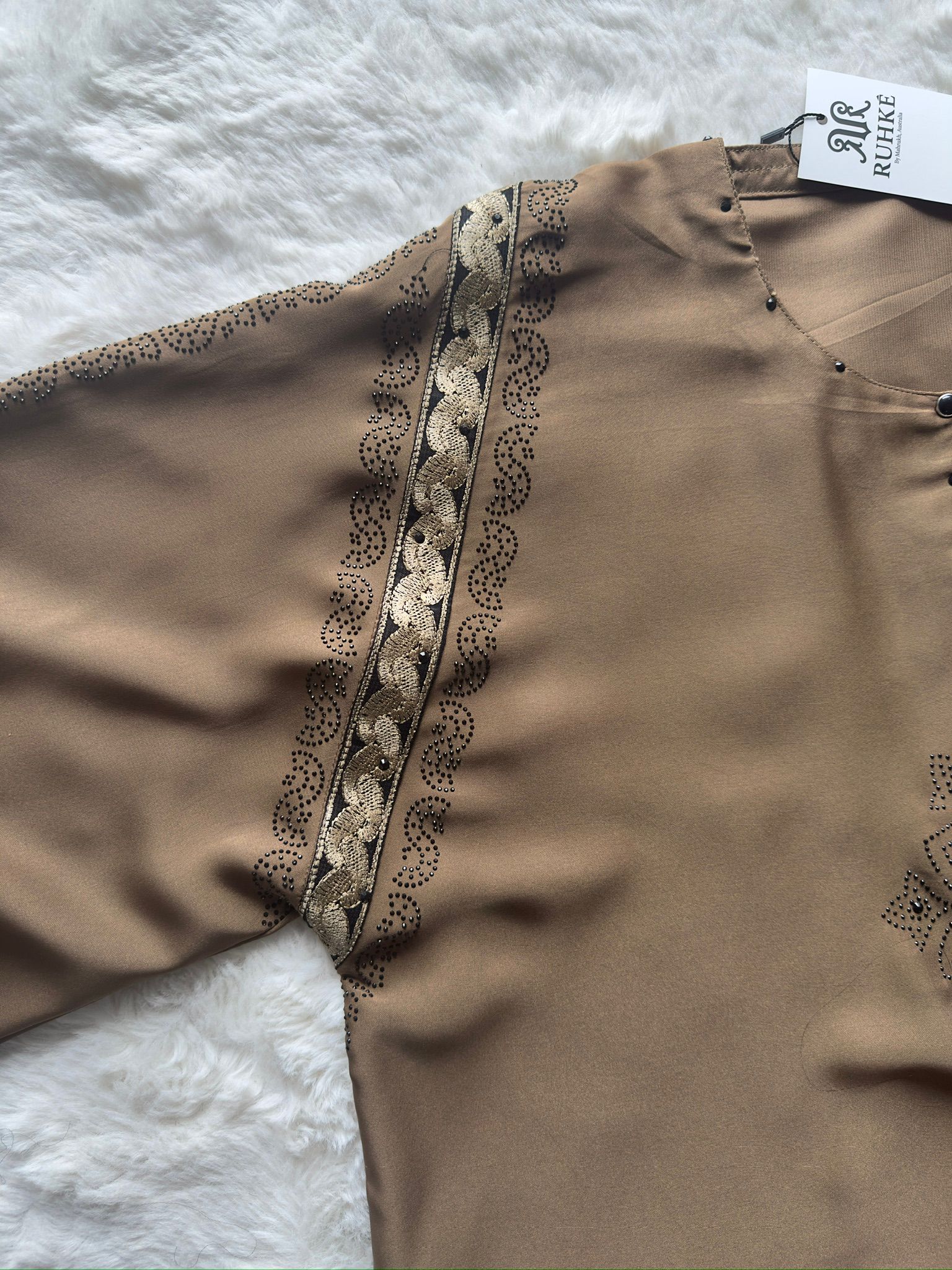 Designer black abaya with gold thread embroidery and stone work, luxury Islamic fashion Australia