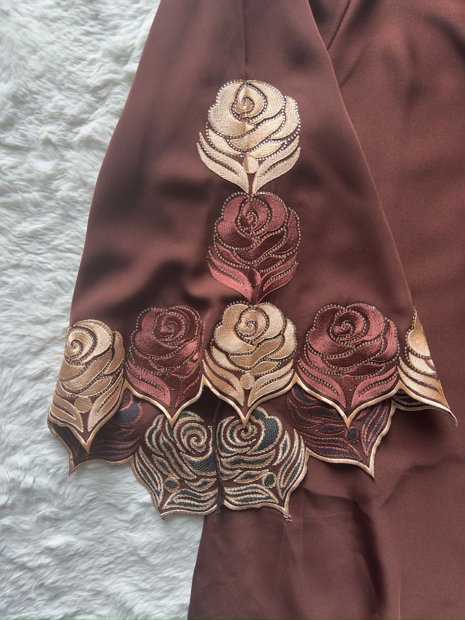 Designer brown nida abaya with luxury embroidery, stone accents and matching hijab