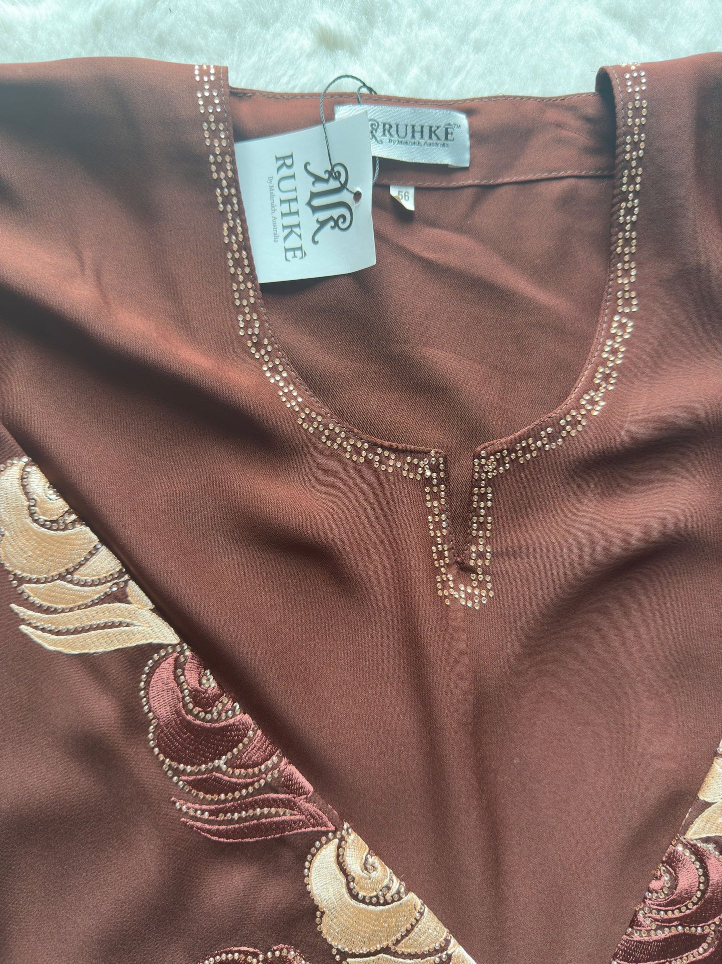 Premium nida fabric brown abaya with coordinated hijab and refined stone detailing