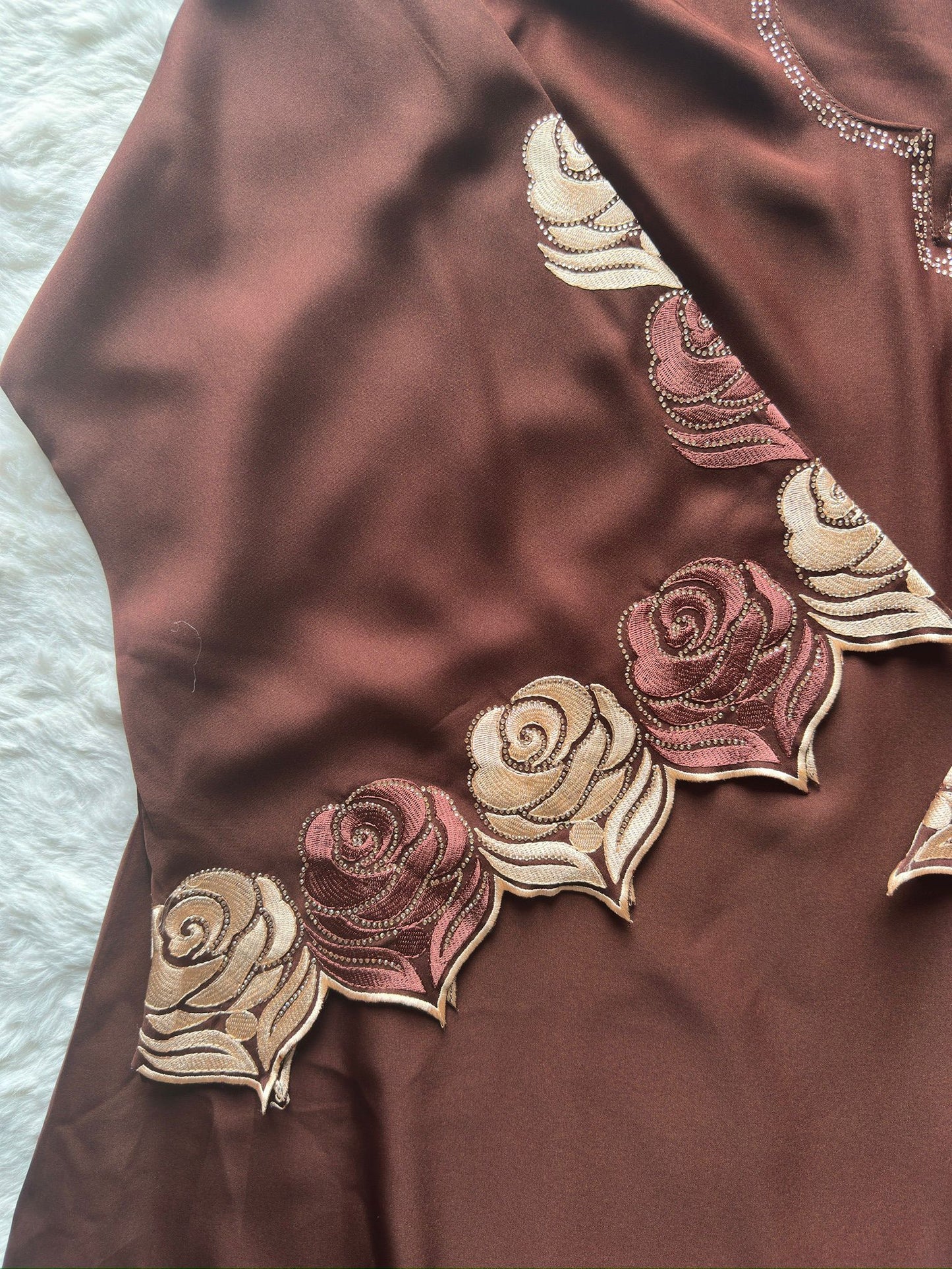High-end brown abaya with thread and stone work and delicate cut-work sleeve design