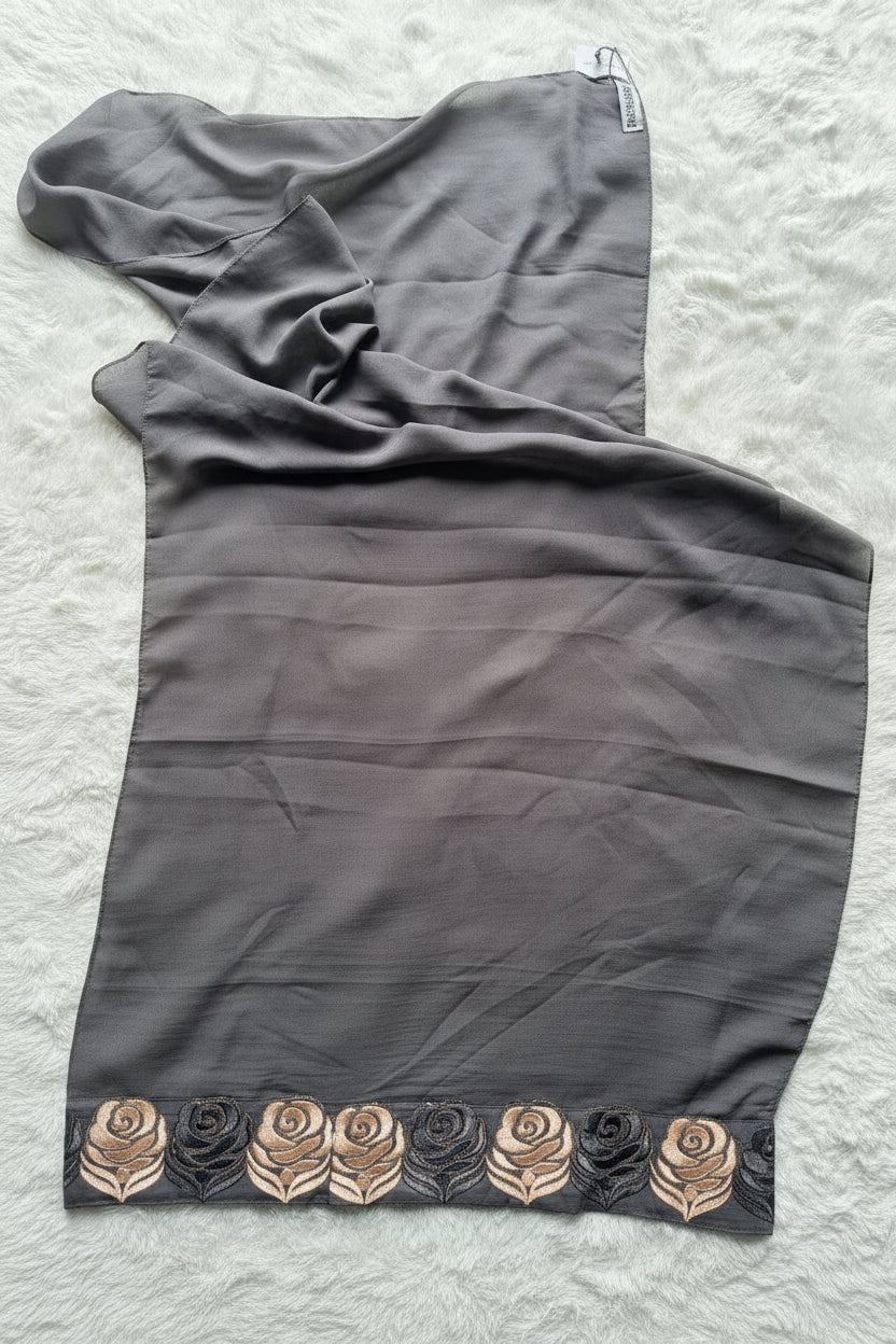 Luxury modest grey abaya with matching hijab and elegant cut-work sleeve embellishment 