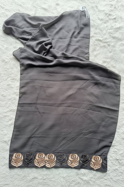 Luxury modest grey abaya with matching hijab and elegant cut-work sleeve embellishment 