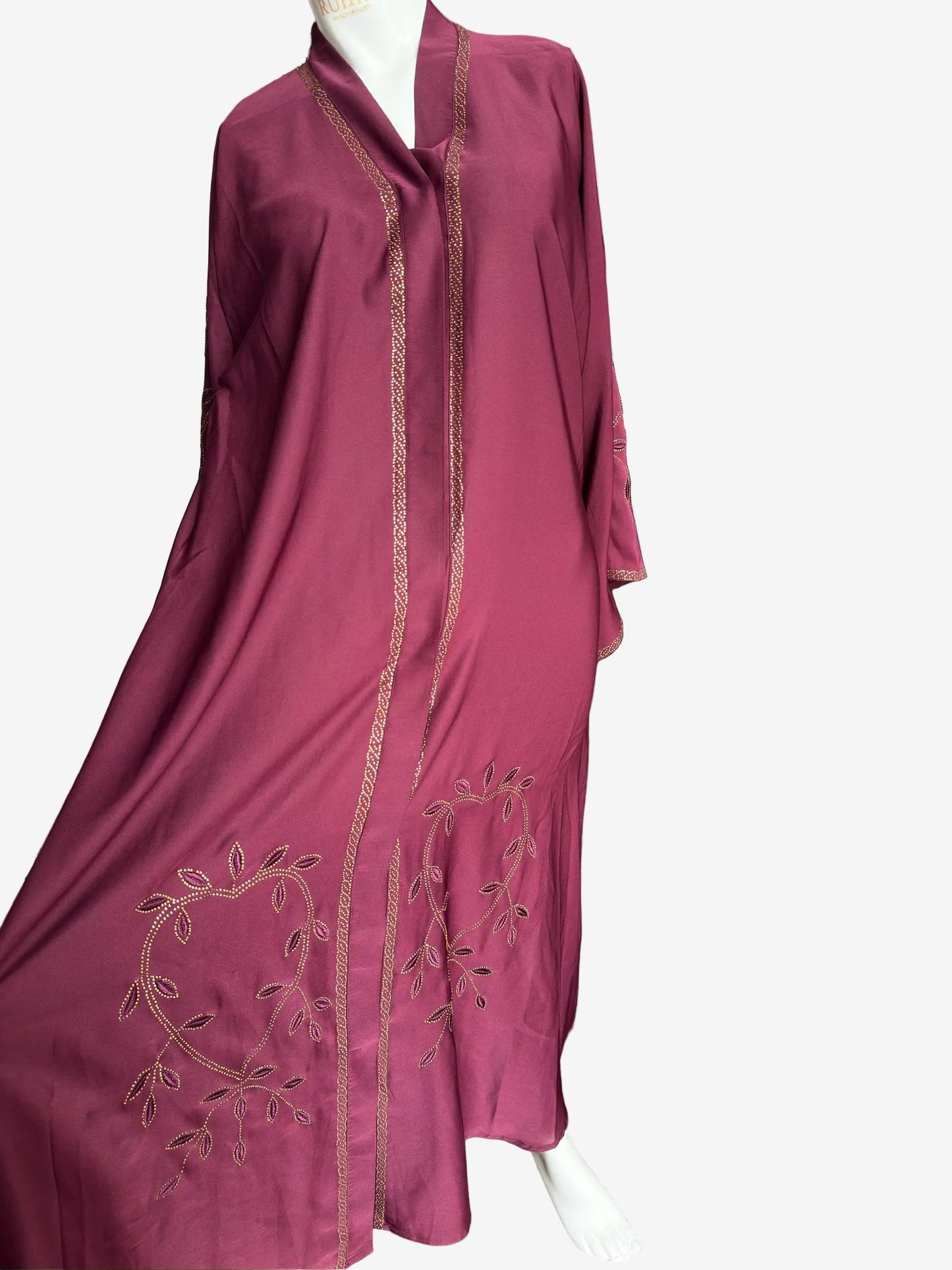 Front open maroon Nida abaya featuring button closure and gold stone work embroidery along both front panels