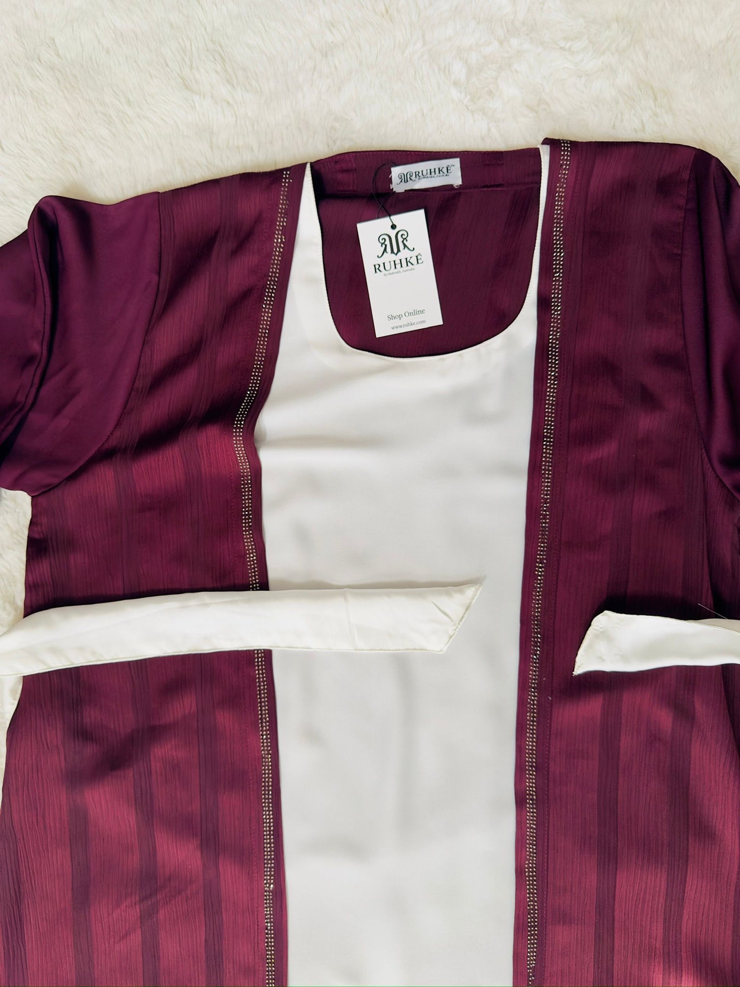 Zoom Luxury Burgundy Open Abaya with Attached Inner Silk-Crepe Blend & Hand-Placed Stone Belt 