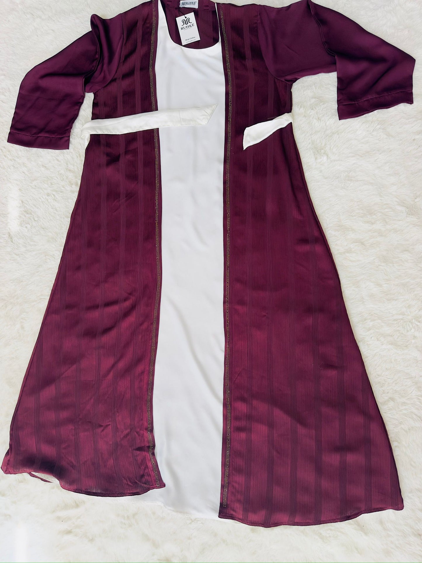 Luxury Burgundy Open Abaya with Attached Inner Silk-Crepe Blend & Hand-Placed Stone Belt flat lay