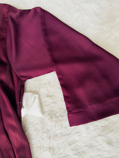 zoom arm Luxury Burgundy Open Abaya with Attached Inner Silk-Crepe Blend & Hand-Placed Stone Belt 