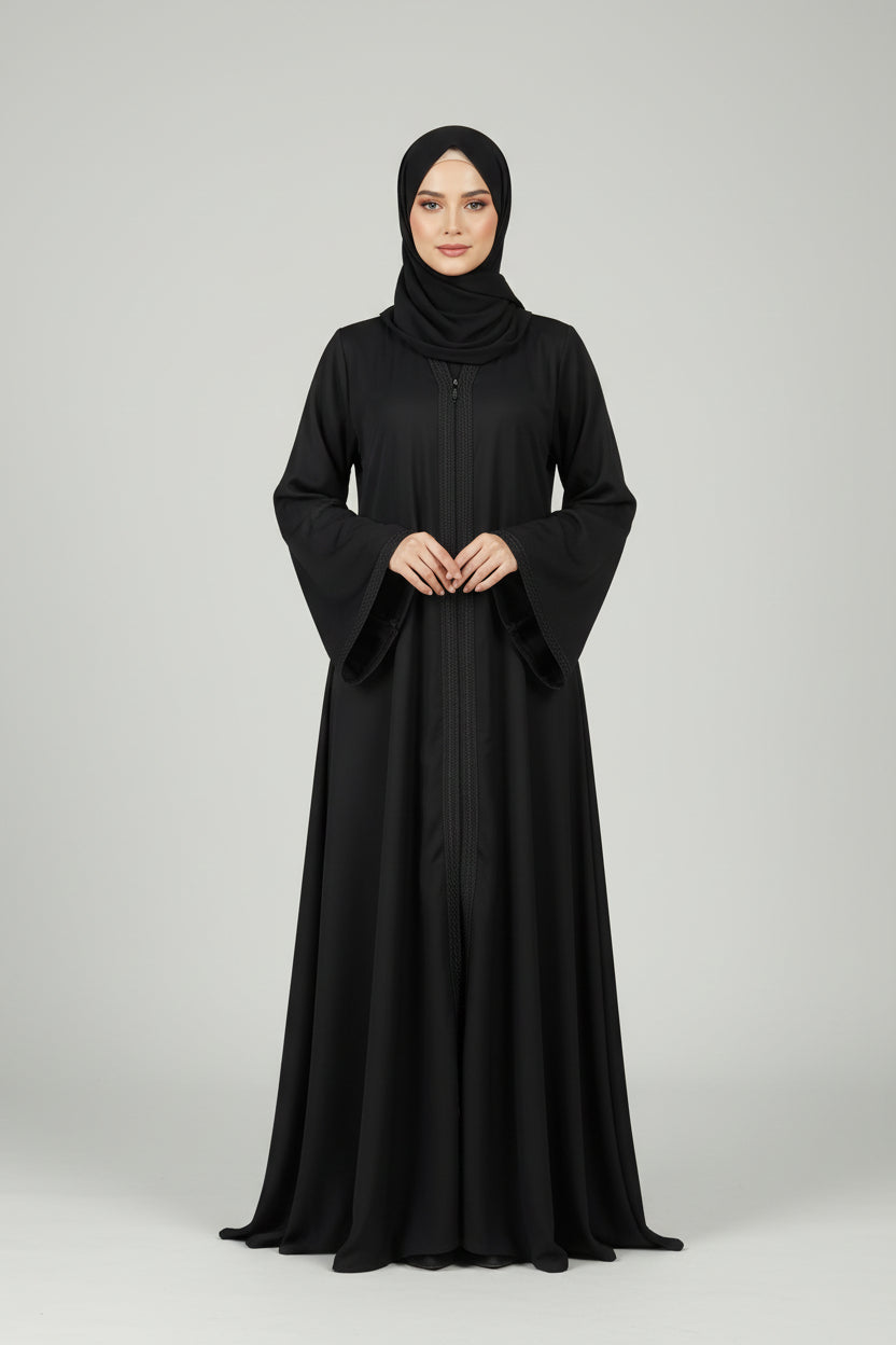 Black abaya worn by a model on a light gray background