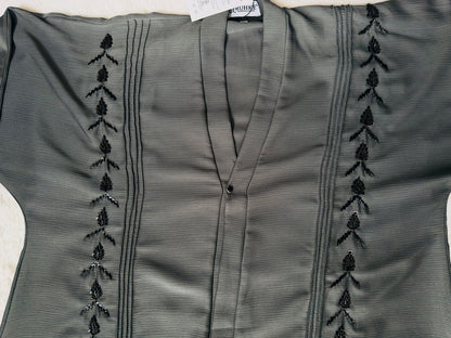 Modest front open abaya with black hand embroidery on crepe fabric