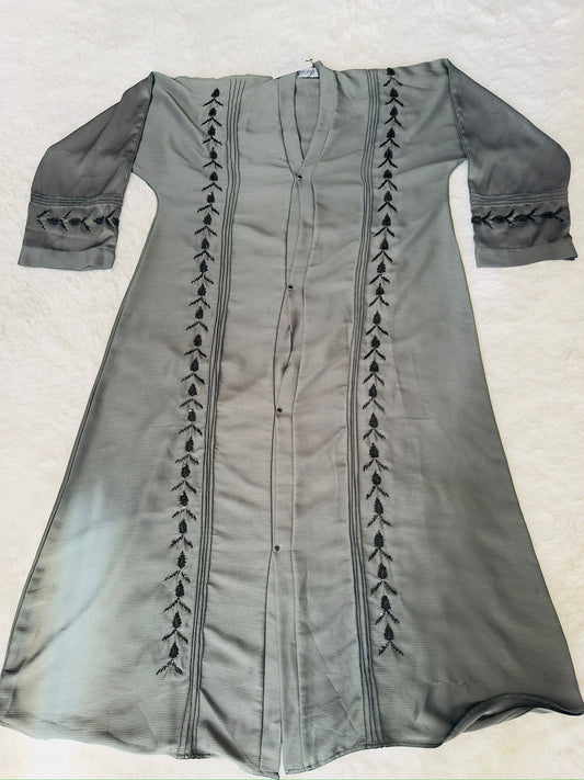 Luxury sage green embroidered abaya with detailed front beadwork
