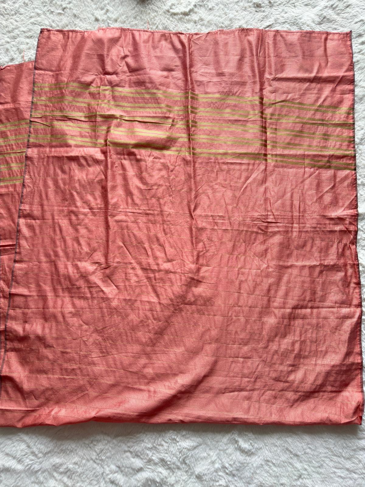 Silk-finish dusty rose dupatta with gold stripe detailing paired with luxury embroidered kurta by RUHKÉ