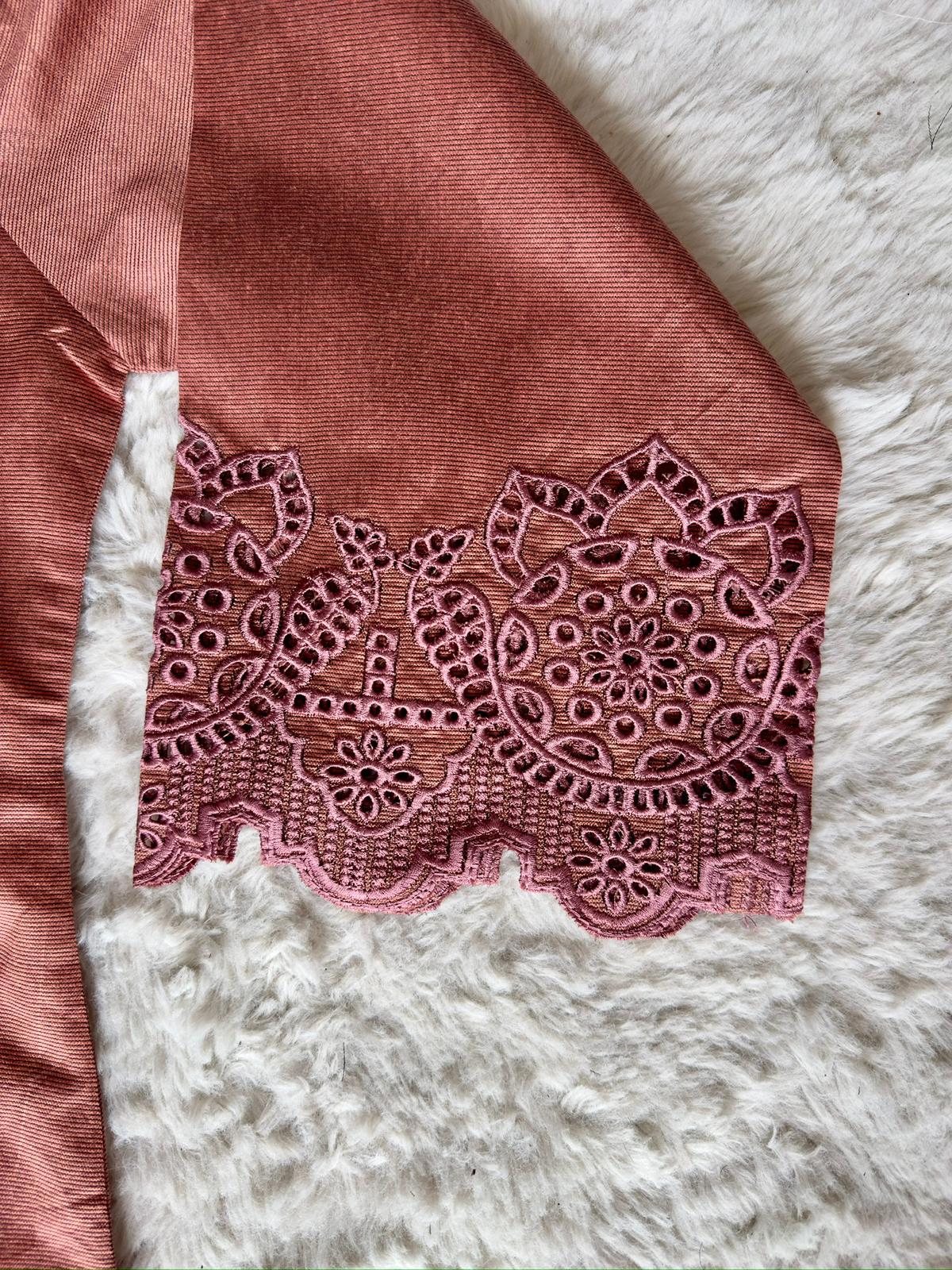 Detailed cut-work embroidered  dusty rose luxury kurta showcasing artisanal craftsmanship by RUHKÉ