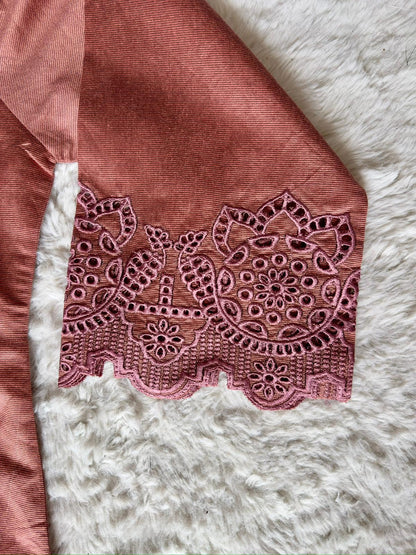 Detailed cut-work embroidered  dusty rose luxury kurta showcasing artisanal craftsmanship by RUHKÉ