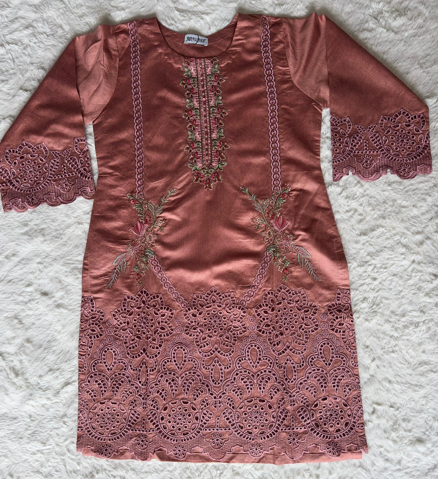 Front view of luxury dusty rose kurta featuring intricate thread embroidery and elegant cut-work detailing by RUHKÉ