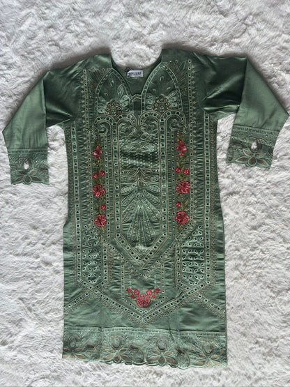 Premium sage green embroidered kurta featuring cut-work borders, fine thread and zari work, styled with a sheer organza dupatta – RUHKÉ