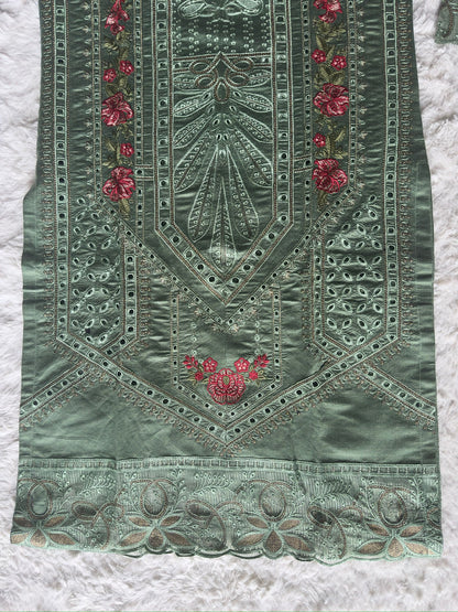 Designer sage green kurta with handcrafted cut-work, floral thread embroidery and zari work, finished with an organza net dupatta