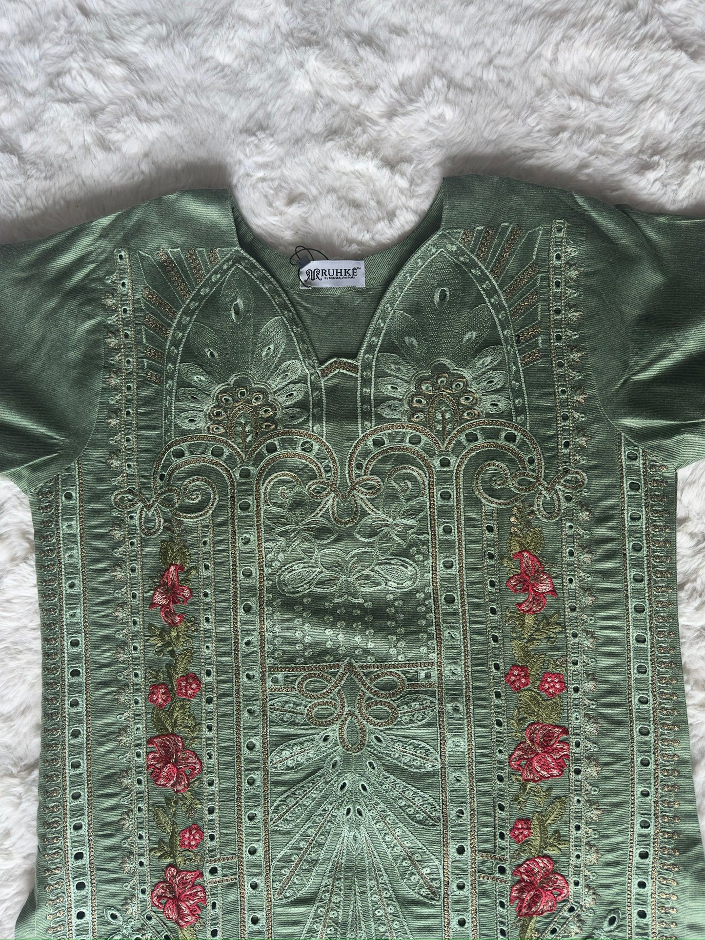 Luxury Sage Green Cut-Work Kurta with Thread Embroidery & Sheer Dupatta | RUHKÉ