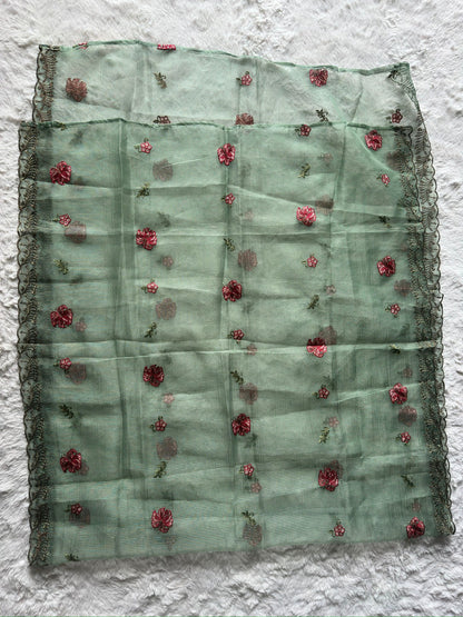 Exclusive RUHKÉ sage green kurta set featuring artisanal cut-work, detailed thread embroidery, zari work and organza net dupatta