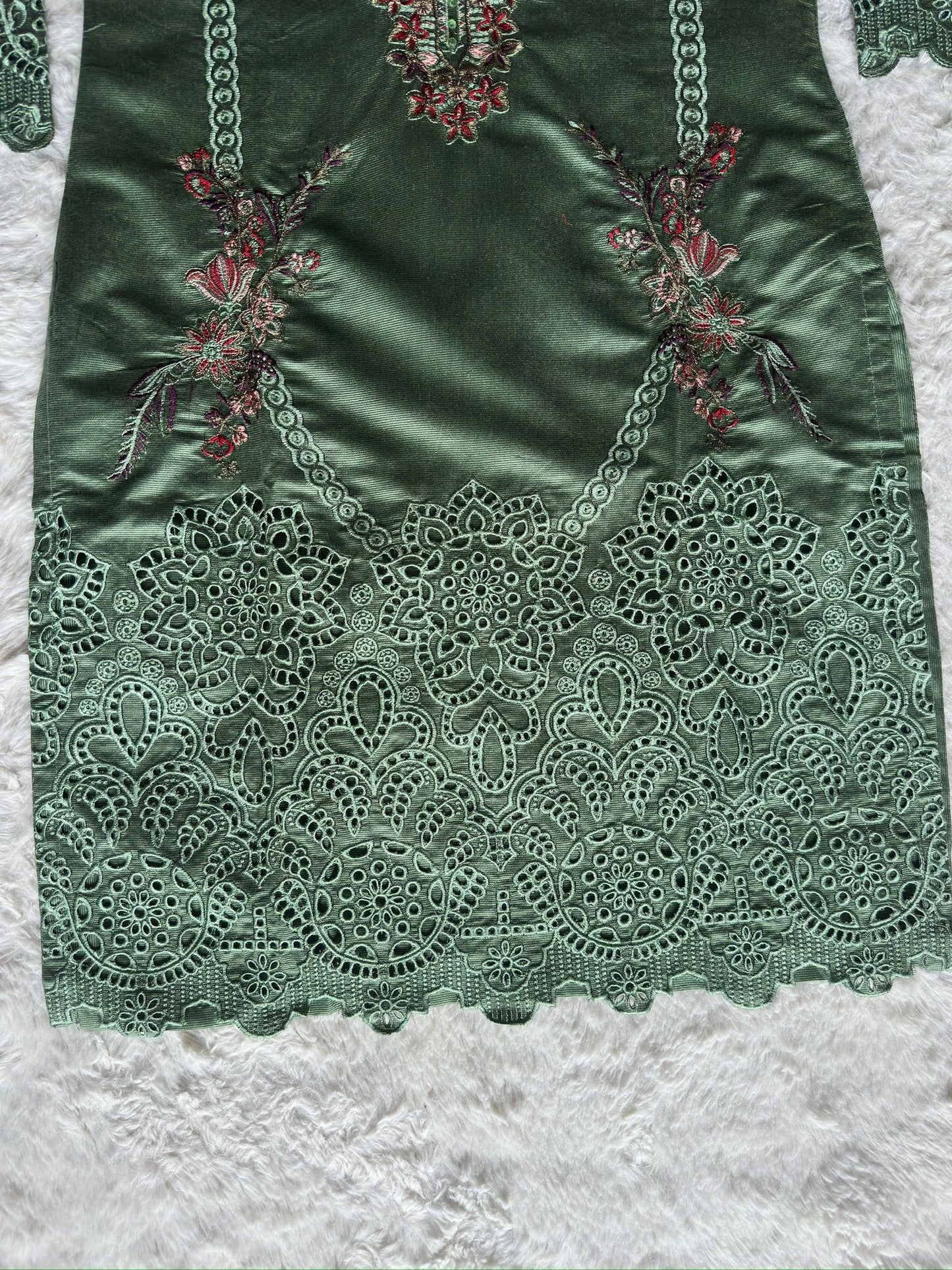 High-end sage green kurta with handcrafted cut-work borders, floral embroidery and a matching silk dupatta – RUHKÉ