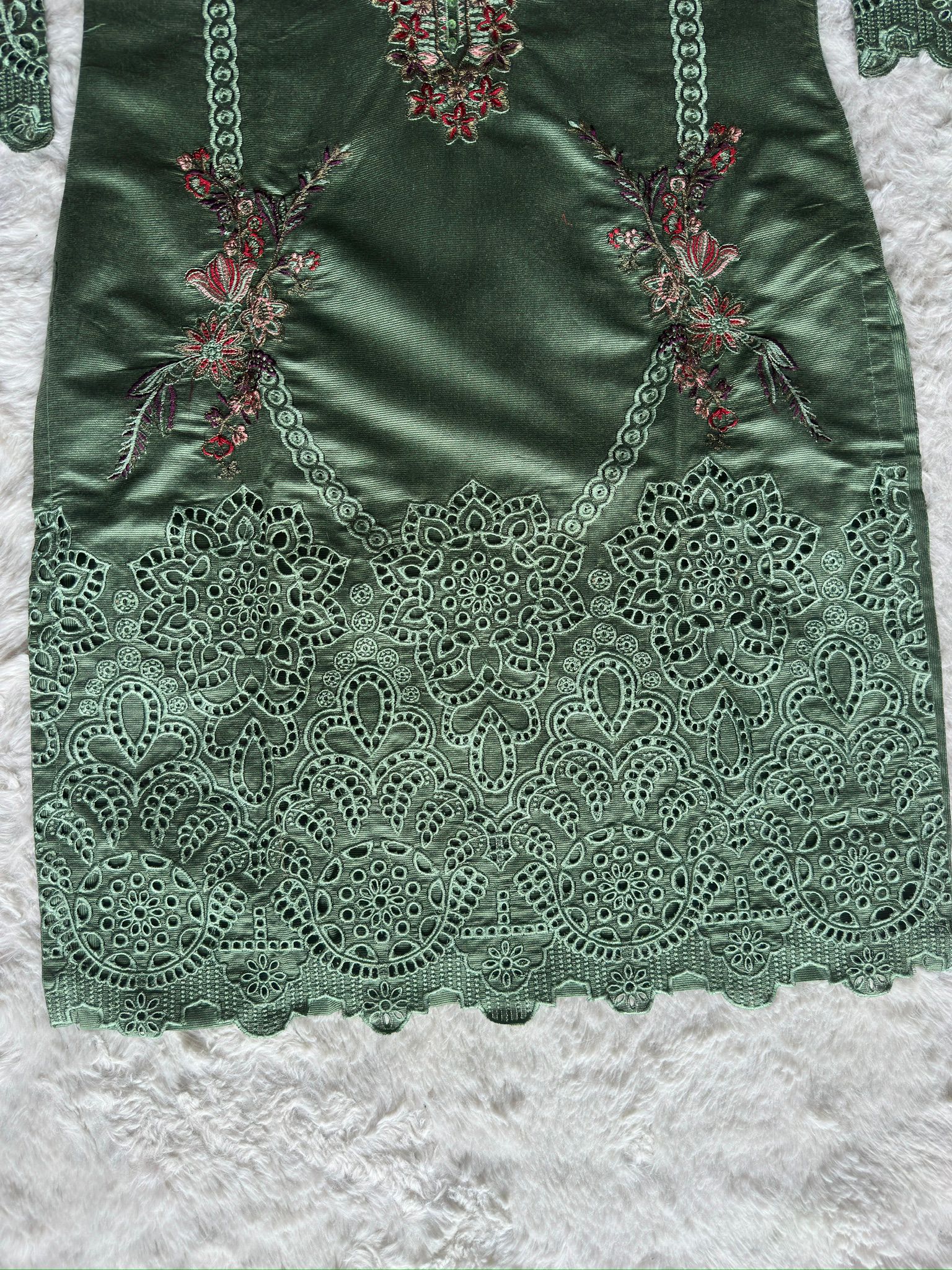 High-end sage green kurta with handcrafted cut-work borders, floral embroidery and a matching silk dupatta – RUHKÉ