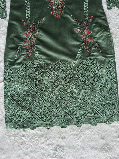 High-end sage green kurta with handcrafted cut-work borders, floral embroidery and a matching silk dupatta – RUHKÉ