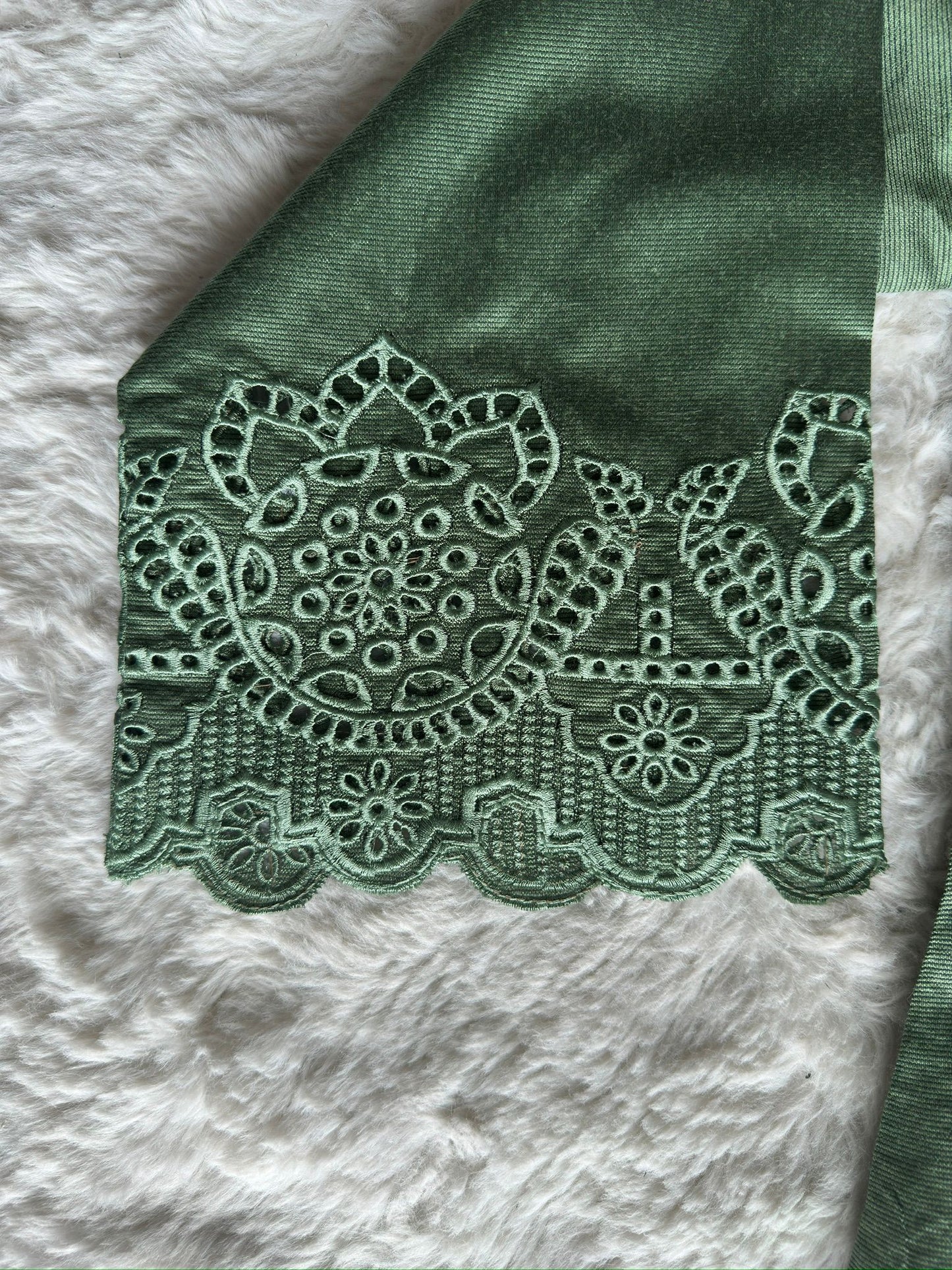 Elegant designer sage green kurta set with fine floral thread embroidery, detailed cut-work accents and a luxury silk dupatta by RUHKÉ