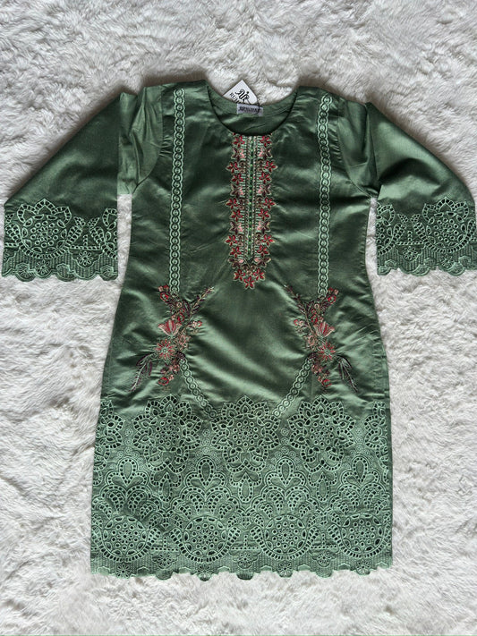 Luxury sage green embroidered kurta with intricate cut-work detailing and floral thread embroidery, styled with a silk dupatta | RUHKÉ