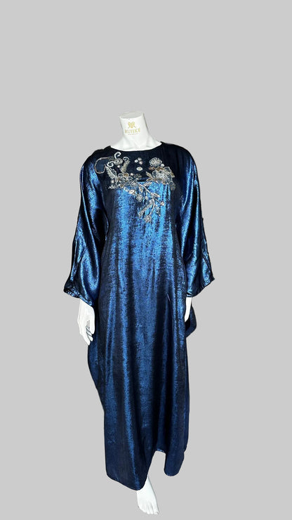 Modest designer blue abaya with butterfly cut and hand katka work
