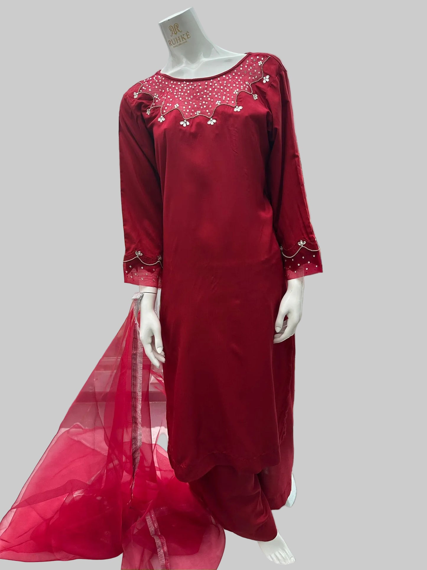 RUHKÉ luxury red handworked viscose silk long shirt for festive and formal wear 3D dummy 