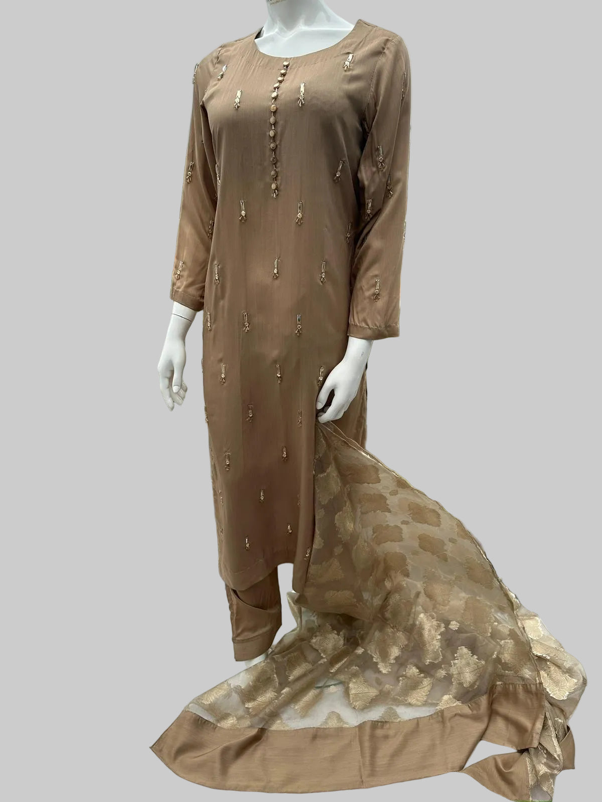 Champagne Luxe viscose silk 3PC suit with hand-beaded kurti and embroidered dupatta