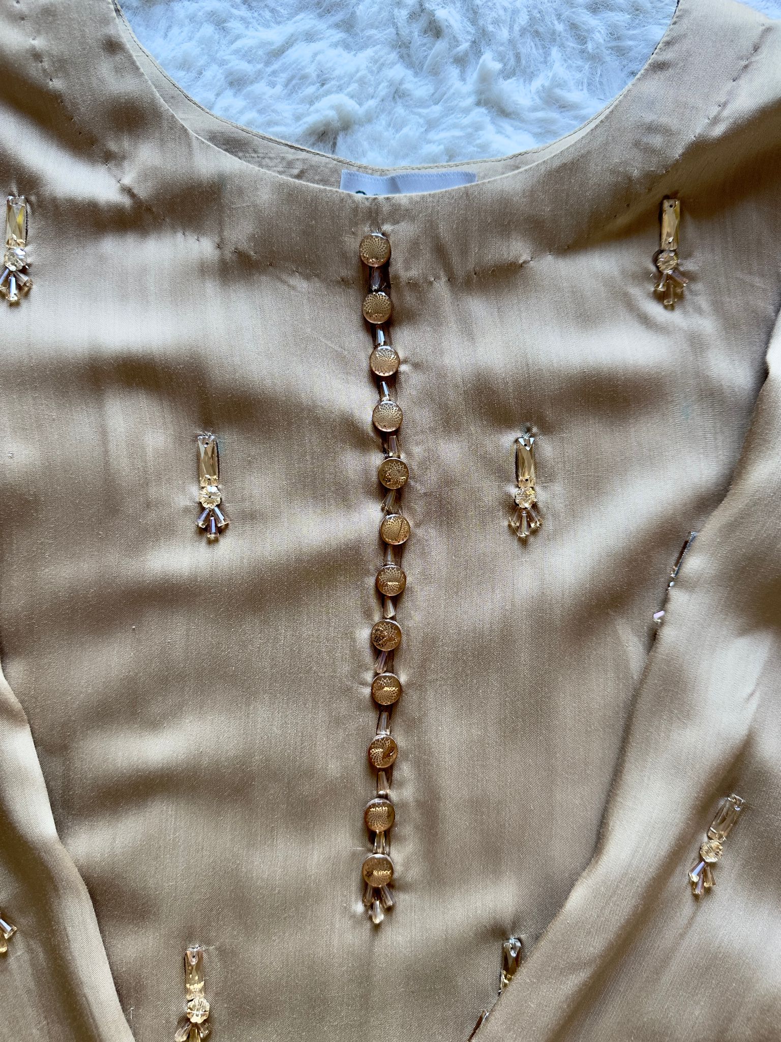 Formal champagne 3 piece suit in viscose silk with elegant hand embellishments