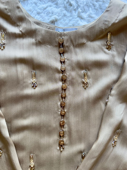 Formal champagne 3 piece suit in viscose silk with elegant hand embellishments