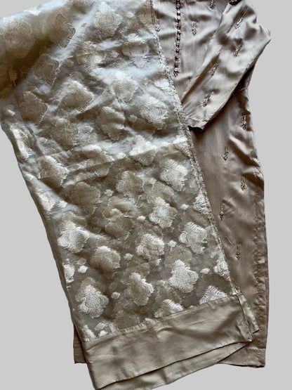 Designer champagne viscose silk outfit with matching trousers and dupatta jacard dubata