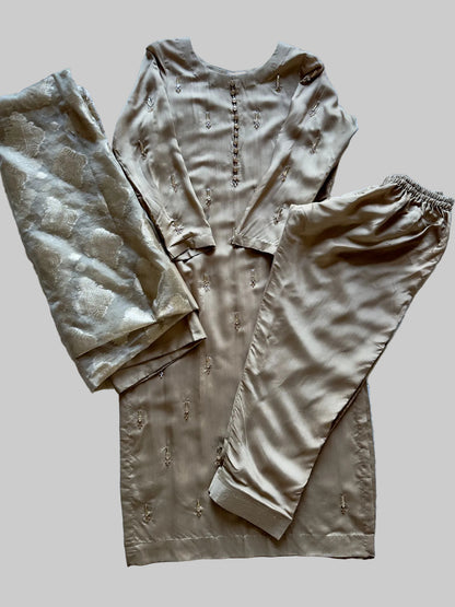 Luxury champagne kurta set with viscose silk fabric and hand beaded detailing