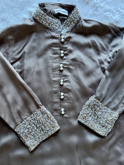 Mocha viscose silk kurta set featuring handcrafted embroidery and tissue dupatta Zoom