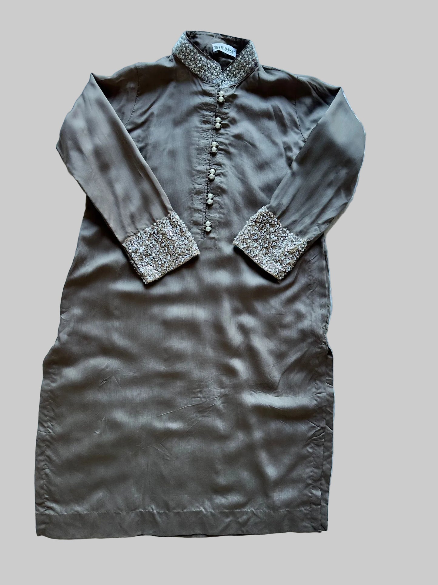 Premium RUHKÉ mocha kurta set in viscose silk with detailed hand embroidery