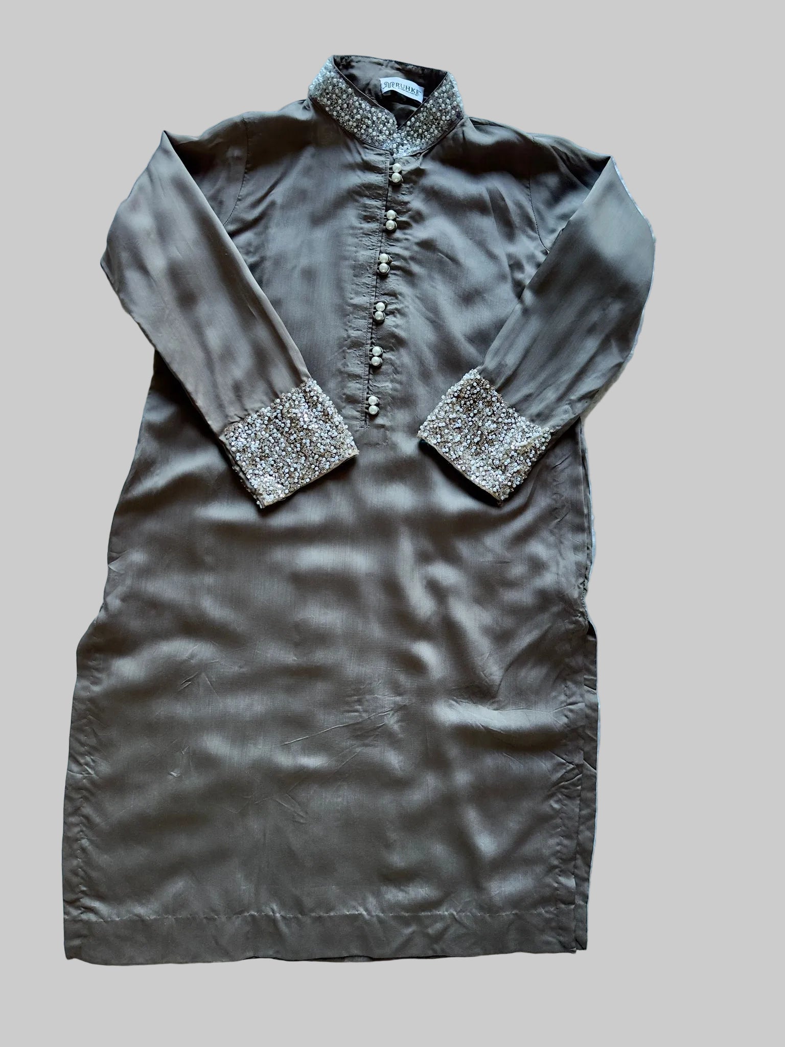 Premium RUHKÉ mocha kurta set in viscose silk with detailed hand embroidery